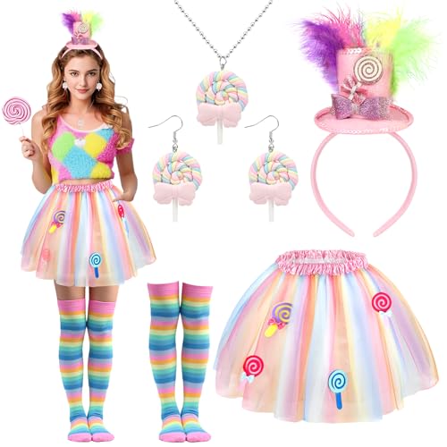 Beipegin Süßigkeiten Lollipop Kostüme für Damen, Zylinder Kopfband Zuckerstangen Ohrringe Halskette Regenbogen Tutu Strümpfe Süßigkeiten Candy Kostüme Cosplay Zubehör für Halloween Weihnachten von Beipegin
