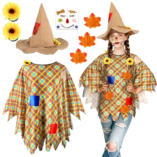 Beipegin Vogelscheuche Kostüm Damen mit Vogelscheuche Hut Poncho und Gesichtsabziehbildern Sonnenblumen Blätter für Halloween Thanksgiving Party von Beipegin