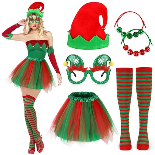 Beipegin Weihnachtself Kostüm Damen,Rock Elfenmütze Weihnachtshaarreifen Weihnachtsstrümpfe Elfen Kostüm Weihnachten Weihnachtskleid Karneval Favors Decorations von Beipegin