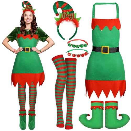 Beipegin Weihnachtself Kostüm Damen Herren,Elfen Kostüm Weihnachtshaarreifen Weihnachtsschuhe Weihnachten Strümpfe Weihnachten Kostüm Weihnachtskostüm Erwachsene Cosplay Fasching Kostümparty von Beipegin