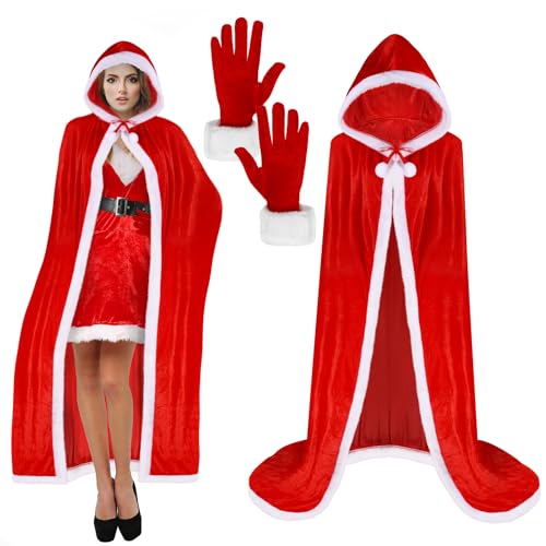 Beipegin Weihnachtskostüm Damen Weihnachtsmann Umhang mit Kapuzen und Handschuhe Weihnachtsmann Mantel Weihnachtsfrau Kostüm Damen von Beipegin