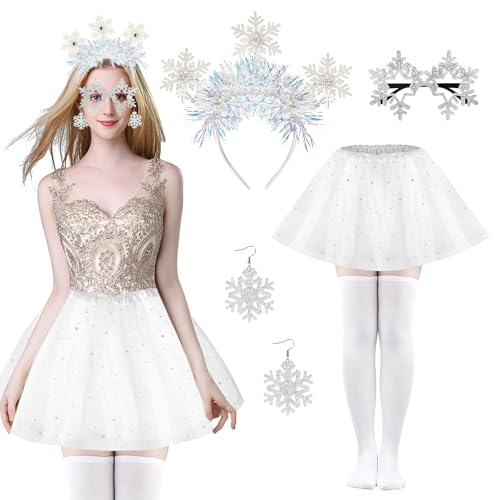 5STK Schneeflocken Kostüm Weihnachten Damen, Glitzer Schneeflocken Haarreif Weihnachtsbrillen Schneeflocken Ohrringe Tüllrock Weiß Kniestrümpfe, Frozen Kostüm Weihnachts Kostüm für Weihnachts Karneval 5STK Schneeflocken Kostüm Weihnachten Damen, Glitzer Schneeflocken Haarreif Weihnachtsbrillen Schneeflocken Ohrringe Tüllrock Weiß Kniestrümpfe, Frozen Kostüm Weihnachts Kostüm für Weihnachts Karneval von Beipegin