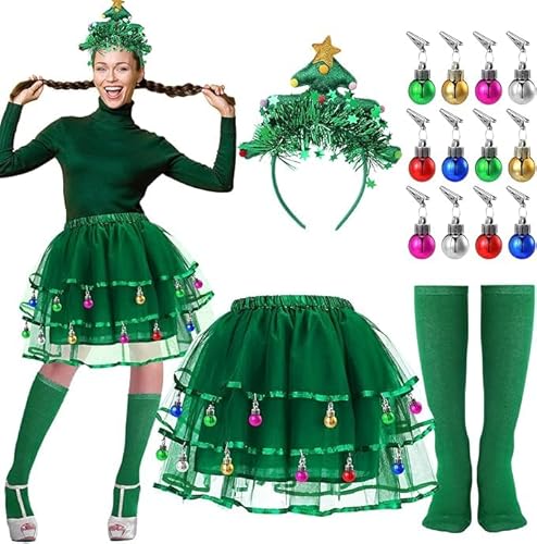Weihnachtsbaum-Kostüm für Erwachsene, mit Stirnband, Party-Brille, Bälle, Clips, grünes Tutu, kniehohe Socken, Erwachsenenkostüm für Damen, Urlaub, Weihnachten, Party, Cosplay, 5 Stück von Beipegin