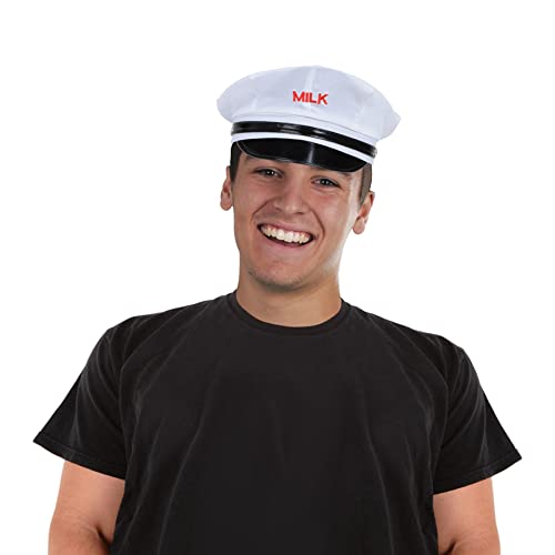 Beistle Milkman Hüte - 2er-Pack weiße Kostümmützen mit schwarzem Visier und rot bestickter "Milch" für Retro-Kostüme, Uniform-Mottopartys, Theater und Verkleidungen, Einheitsgröße für die meisten von Beistle