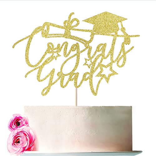 Bejotaa Congrats Grad Cake Topper 2023, Abschluss-Kuchenaufsatz, Abschlussdekorationen 2023, Abschlussfeier, Party-Dekoration, Zubehör 2023, Congratulation Cake Topper (golden) von Bejotaa