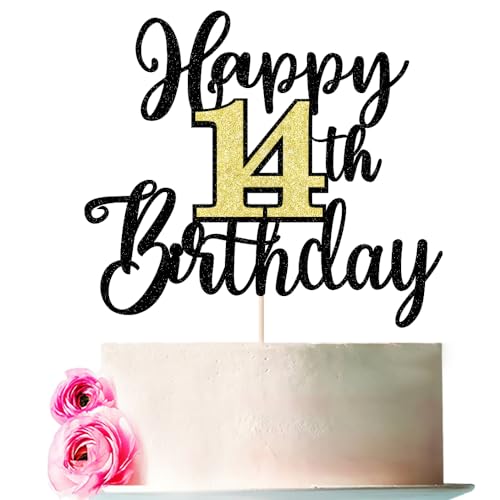 Bejotaa Tortenaufsatz "Happy 14th Birthday" mit Glitzer, für 14. Geburtstag, für 14. Geburtstag, Hello 14 Party, Kuchendekoration, Zubehör (14) von Bejotaa