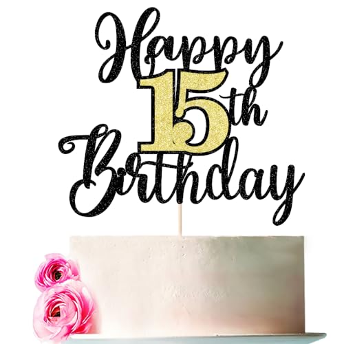 Bejotaa Tortenaufsatz "Happy 15th Birthday", glitzernd, für 15. Geburtstag, für 15. Geburtstag, Hello 15, Party-Kuchendekorationen, Zubehör (15) von Bejotaa