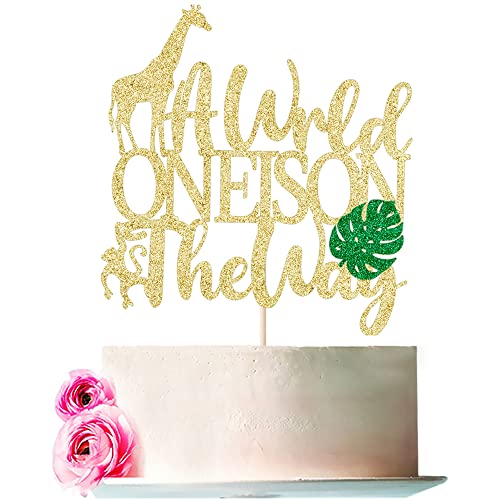 Bejotaa Tortenaufsatz mit Aufschrift "A Wild One is on the Way", mit Glitzer, Affe, Giraffe, Elefant, Kuchenspieß, Dekorationen für Safari, Dschungel, Tiere, Babyparty, erster Geburtstag, Partyzubehör von Bejotaa