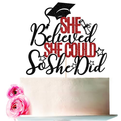 Bejotaa Tortenaufsatz mit Aufschrift "She Believed She Could So She Did", 2023, Abschlussfeier, Tortenaufsatz, Congrats Grad, She Did It, Abschlussfeier, Party-Dekoration für Gilrs (schwarz und rot) von Bejotaa