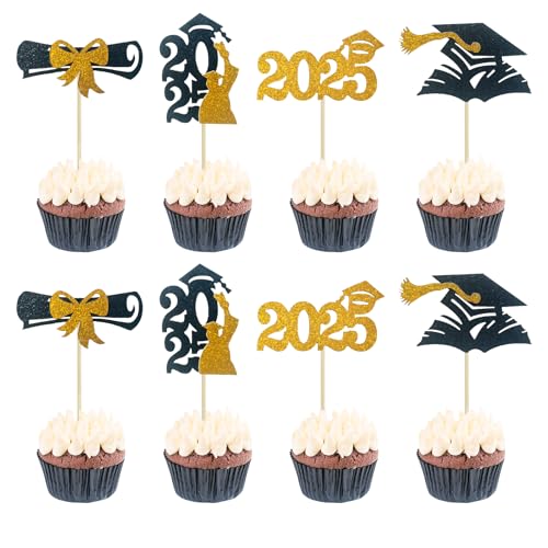 Bekecidi 24 Stück goldene Cupcake-Topper zum Schulabschluss, nicht essbare Abschlusskappen-Topper für die Abschlussfeier-Dekoration, 4 Designs für die Abschlussfeier 2025 Bekecidi 24 Stück goldene Cupcake-Topper zum Schulabschluss, nicht essbare Abschlusskappen-Topper für die Abschlussfeier-Dekoration, 4 Designs für die Abschlussfeier 2025 von Bekecidi