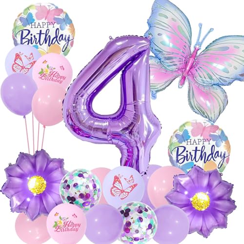 Bekecidi Luftballons zum 4. Geburtstag – 20 Stück Lila Schmetterling Thema Nummer 4 Gradient Stern Folienballons, Sonnenblume 4. Geburtstag Dekorationen für Mädchen 4 Jahre alt Party Supplies von Bekecidi