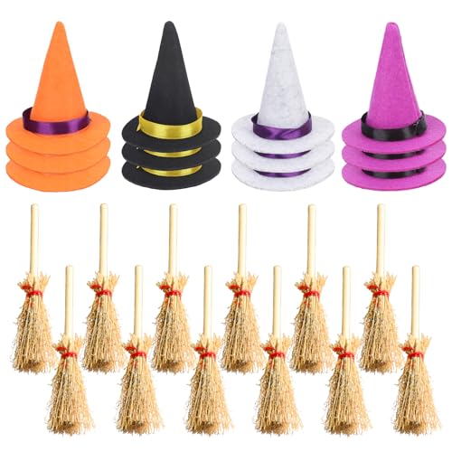 Bekecidi Mini-Halloween-Hexenhüte und Besen, kleiner Filzhut, Hexenbesen, Mini-Partyhüte zum Basteln, Weinflasche, Tischdekoration, Halloween-Partyzubehör (Schwarz, Lila, Orange, Grau), 24 Stück von Bekecidi