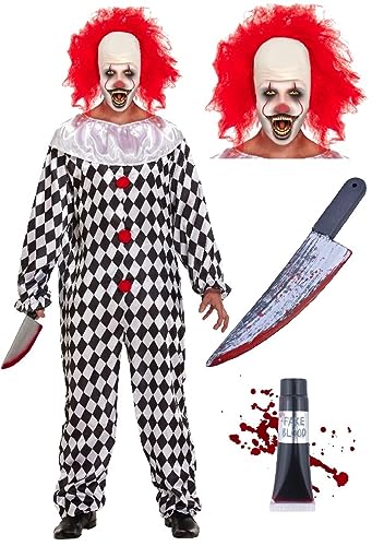 Bella Dox Erwachsene Herren Horror Killer Clown Kostüm Overall + Perücke + Blutiges Messer + Fake Blood Tube Scary Sinister Evil Narren Clown Halloween Verkleidung Set Bella Dox Erwachsene Herren Horror Killer Clown Kostüm Overall + Perücke + Blutiges Messer + Fake Blood Tube Scary Sinister Evil Narren Clown Halloween Verkleidung Set von Bella Dox