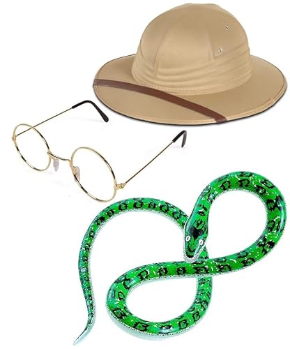 Bella Dox Erwachsene Unisex Dschungel Safri Hunter Abenteurer Kostüm 3-teiliges Set - Safari Pith Hut + Brille + Aufblasbare Schlange Bella Dox Erwachsene Unisex Dschungel Safri Hunter Abenteurer Kostüm 3-teiliges Set - Safari Pith Hut + Brille + Aufblasbare Schlange von Bella Dox