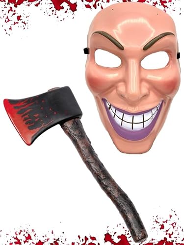 Bella Dox Erwachsene Unisex Halloween Blutige Killer Kostüm Cosplay Verkleidung – Jason/Freddy/Evil Grin/Sensenmann Zubehör Set (Purge Male Mask & Blutige Axt) von Bella Dox