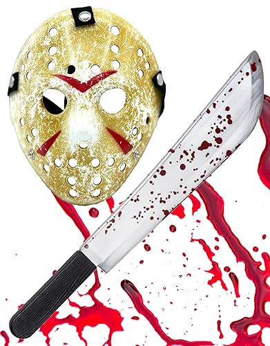 Bella Dox Friday The 13th Jason Voorhees Hockey-Maske + Blutige Machete für Halloween Cosplay Scary Killer Horror Party Verkleidung Kostüm Kit von Bella Dox