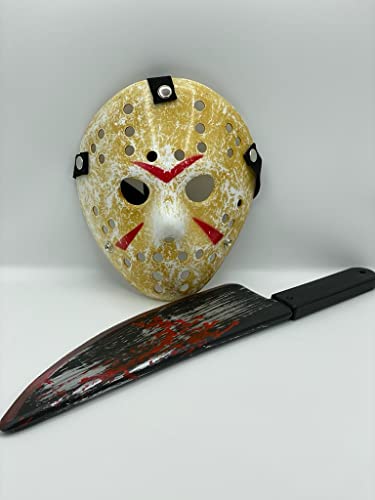 Bella Dox Jason Voorhees Hockey-Maske + blutige Messer-Requisite - Herren Damen Friday der 13. Halloween Horror Scary Masken Fasching Cosplay Kostüm von Bella Dox