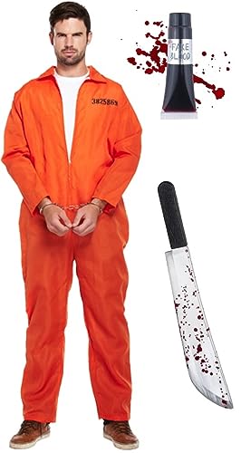 Bella Dox Kostüm für Erwachsene, Herren, Sträfling, Gefängnis, Kriminell, Halloween-Kostüm, orangefarbener Gefängnis-Overall + blutige Machete + Kunstblutschlauch + Handschellen Bella Dox Kostüm für Erwachsene, Herren, Sträfling, Gefängnis, Kriminell, Halloween-Kostüm, orangefarbener Gefängnis-Overall + blutige Machete + Kunstblutschlauch + Handschellen von Bella Dox