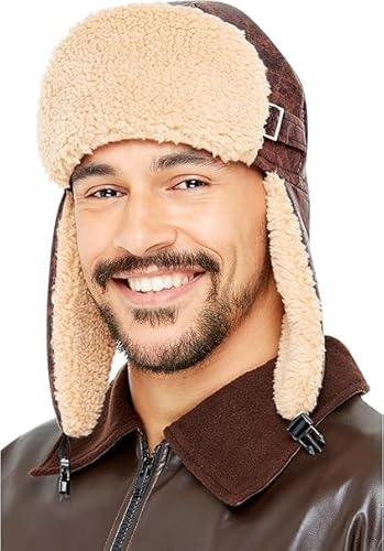 Bella Dox Vintage Fliegermütze mit realistischem Fellbesatz - Brauner Lederlook Fliegerhut für Ikonen & Idole Fasching Halloween Cosplay Kostüme Bella Dox Vintage Fliegermütze mit realistischem Fellbesatz - Brauner Lederlook Fliegerhut für Ikonen & Idole Fasching Halloween Cosplay Kostüme von Bella Dox