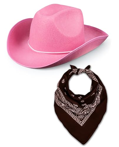 Western Rodeo Cowboyhut mit Paisley Bandana für Herren Damen Cowgirl Cowboy Ranger Sheriff Verkleidung Kostüm Zubehör Set (Rosa Hut + Braunes Bandana) von Bella Dox
