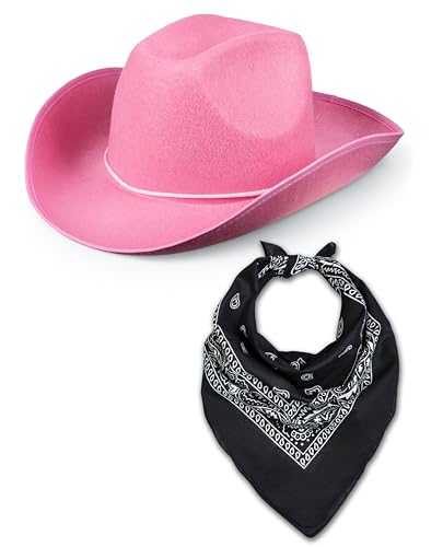 Western Rodeo Cowboyhut mit Paisley Bandana für Herren Damen Cowgirl Cowboy Ranger Sheriff Verkleidung Kostüm Zubehör Set (Rosa Hut + Schwarzes Bandana) von Bella Dox