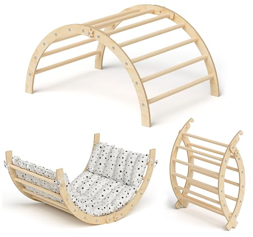 Bellabino Ruki 2in1 Kletterbogen und Wippe mit Kissen 'Graue Sterne ', Klettergerüst Indoor, Kletterdreieck aus Buche massiv, Natur lackiert, Spielbogen Holz zusammenklappbar Bellabino Ruki 2in1 Kletterbogen und Wippe mit Kissen 'Graue Sterne ', Klettergerüst Indoor, Kletterdreieck aus Buche massiv, Natur lackiert, Spielbogen Holz zusammenklappbar von Bellabino