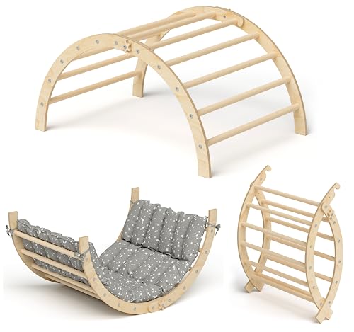 Bellabino Ruki 2in1 Kletterbogen und Wippe mit Kissen 'Weiße Sterne ', Klettergerüst Indoor, Kletterdreieck aus Buche massiv, Natur lackiert, Spielbogen Holz zusammenklappbar Bellabino Ruki 2in1 Kletterbogen und Wippe mit Kissen 'Weiße Sterne ', Klettergerüst Indoor, Kletterdreieck aus Buche massiv, Natur lackiert, Spielbogen Holz zusammenklappbar von Bellabino