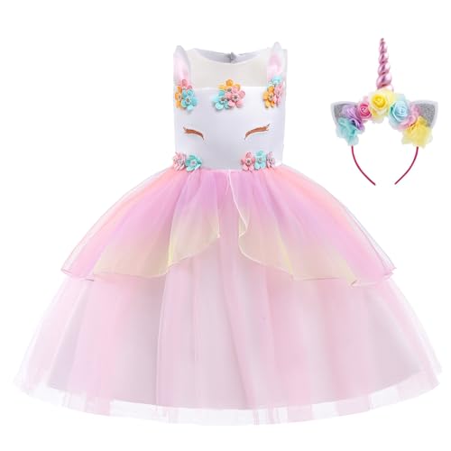 Belle & Moana® Kinder Einhorn Kostüm Mädchen Einhorn Prinzessin Dress Up mit Stirnband für Kinder & Kleinkinder Geburtstag/Cosplay/Karneval/Halloween Party - Alter 7-8 Jahre Rosa von Belle & Moana