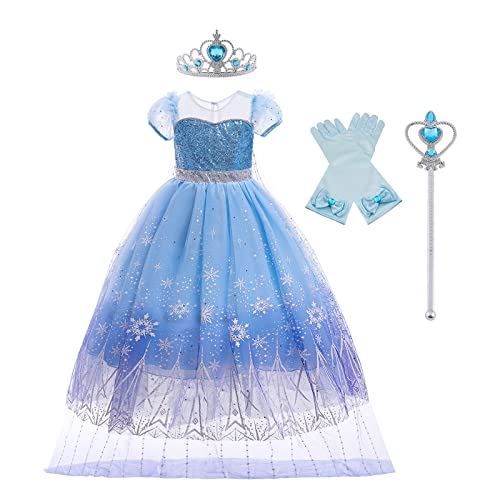 Belle & Moana® Prinzessin Kostüm Mädchen, Eiskönigin, Prinzessin Kleid Mädchen für Partys, Geburtstage, Fasching Karneval und Halloween, 9-10 Jahre Blau von Belle & Moana