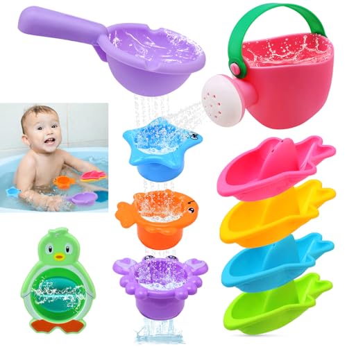 BelleStyle Baby Badespielzeug ab 1 2 3 4 Jahre, 10-teiliges Badewannenspielzeug Kindergießkanne Stapelbare Tierbecher und Boote Wasserspielzeug für Kleinkinder Jungen Mädchen (zufällige Farbe) von BelleStyle