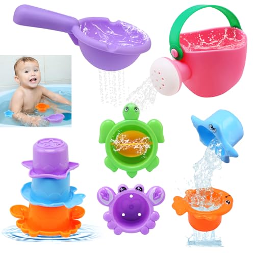 BelleStyle Badespielzeug Baby, Badewannenspielzeug ab 1 2 3 4 Jahr, Wasserspielzeug Kinder, Stapelbare Tierbecher Gießkanne Pool Badewanne Spielzeug für Mädchen Junge - Schimmelfreies 6 Stück von BelleStyle