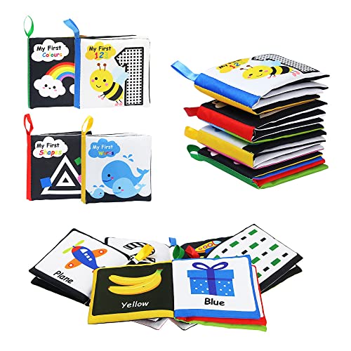BelleStyle Babybuch Baby Stoffbuch,4 Stück Schwarz und Weiß Neugeborenen Gehirn Entwicklung Spielzeug,Bilderbuch Fühlbuch Knisterbuch ab 0 3 6 Monate,Quiet Book Geschenk für Jungen Mädchen von BelleStyle