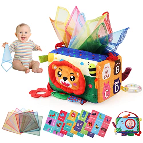 BelleStyle Baby Spielzeug 6 Monate, Tissue Box Montessori Spielzeug Motorikspielzeug Baby, Tücherbox mit 13 Papiere & Spiegel Sensorik Spielzeug Baby Geschenke für Kinder Jungen Mädchen 0-12 Monate von BelleStyle