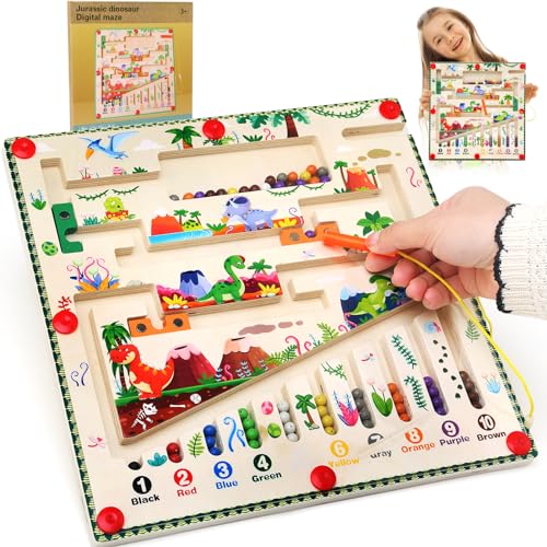 BelleStyle Montessori Spielzeug Kinder 3 4 5 6 Jahre, Magnetisches Farb Zahlenlabyrinth Holzspielzeug, Dinosaurier Aktivitätsbrett Sortierspiel Motorikspielzeug Geschenk für Kleinkinder Mädchen Junge von BelleStyle