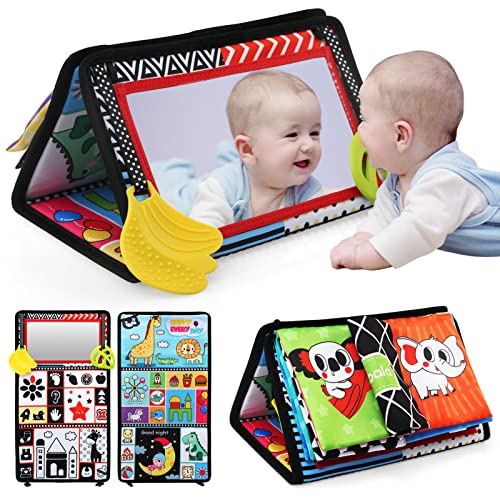BelleStyle Baby Spiegel Spielzeug mit Kontrastbuch, Babyspielzeug ab 0 3 6 9 12 Monate, Schwarz Weiß Buch Kontrast Stoffbuch Knisterbuch Lernspielzeug Geschenk für Neugeborenes Kleinkinder von BelleStyle