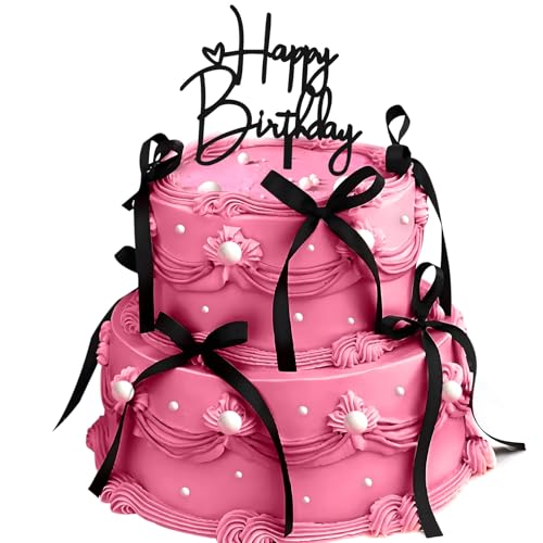BelleVive 10 Stück Kuchendekorationen mit Schleife und 1 „Happy Birthday“-Schild, Cupcake-Topper mit rosa Schleife für Geburtstagsparty-Dekorationen, Kuchendekorationszubehör (Schwarz) von BelleVive