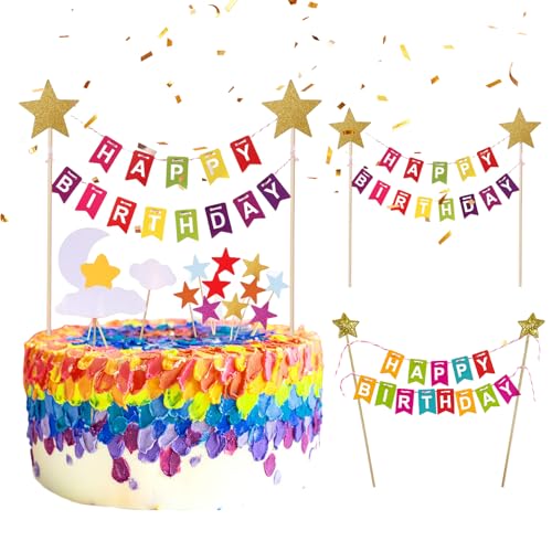 BelleVive 18-teiliges Geburtstagswimpel Set, Happy Birthday Tortendeko Banner + Glänzende Sterne Tortenaufsatz für Baby Kinder Party Deko, Mehrfarbig BelleVive 18-teiliges Geburtstagswimpel Set, Happy Birthday Tortendeko Banner + Glänzende Sterne Tortenaufsatz für Baby Kinder Party Deko, Mehrfarbig von BelleVive