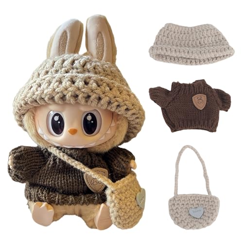 BelleVive 3-teilige Kleidung für Labubu, Kleidungsset für Labubu-Puppe, gehäkeltes 3-teiliges Set mit Hut, Kleidung und Rucksack, stilvolle, Bezaubernde Puppenkleidung (Keine Puppe) von BelleVive