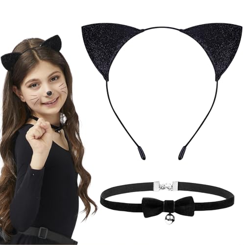 BelleVive Schwarzes Katzenohren-Stirnband und Glöckchen-Halsband-Set, Karnevalskostüm-Accessoires für Frauen und Mädchen, Katzenkostüme für Halloween-Cosplay-Party von BelleVive