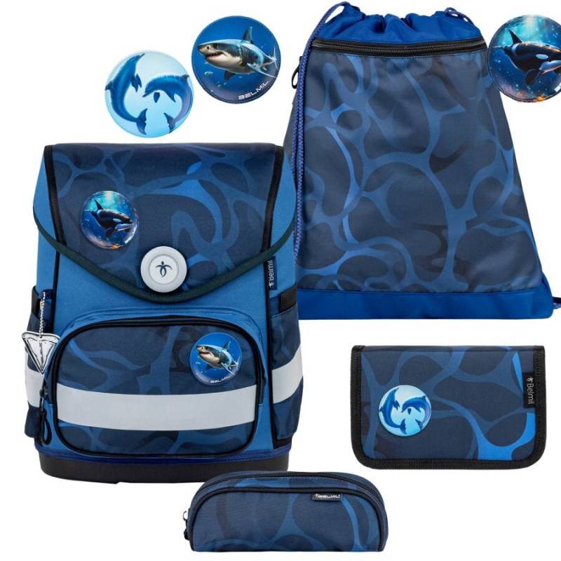 Belmil Schulranzen Set COMPACT mit PATCH 4tlg Wave Storm (Motiv: Wassertiere) von Belmil