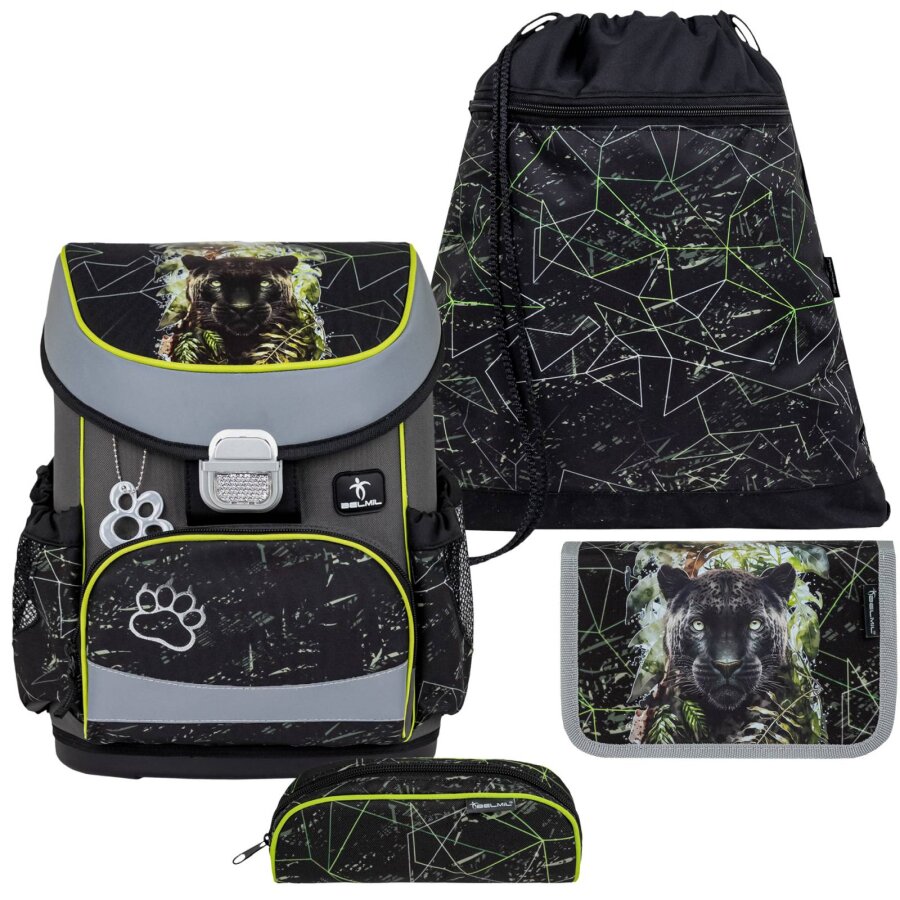 Belmil Schulranzen Set MINI FIT 4tlg. für kleinere Kinder Black Panther (Motiv: Raubkatze) von Belmil
