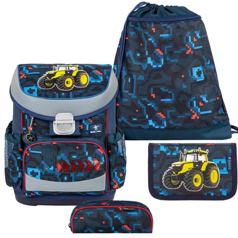 Belmil Schulranzen Set MINI FIT 4tlg. für kleinere Kinder Pixel Trak (Motiv: Trecker) von Belmil