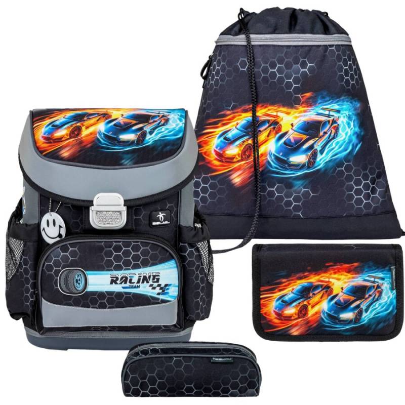 Belmil Schulranzen Set MINI FIT 4tlg. für kleinere Kinder Race it (Motiv: Rennwagen) von Belmil