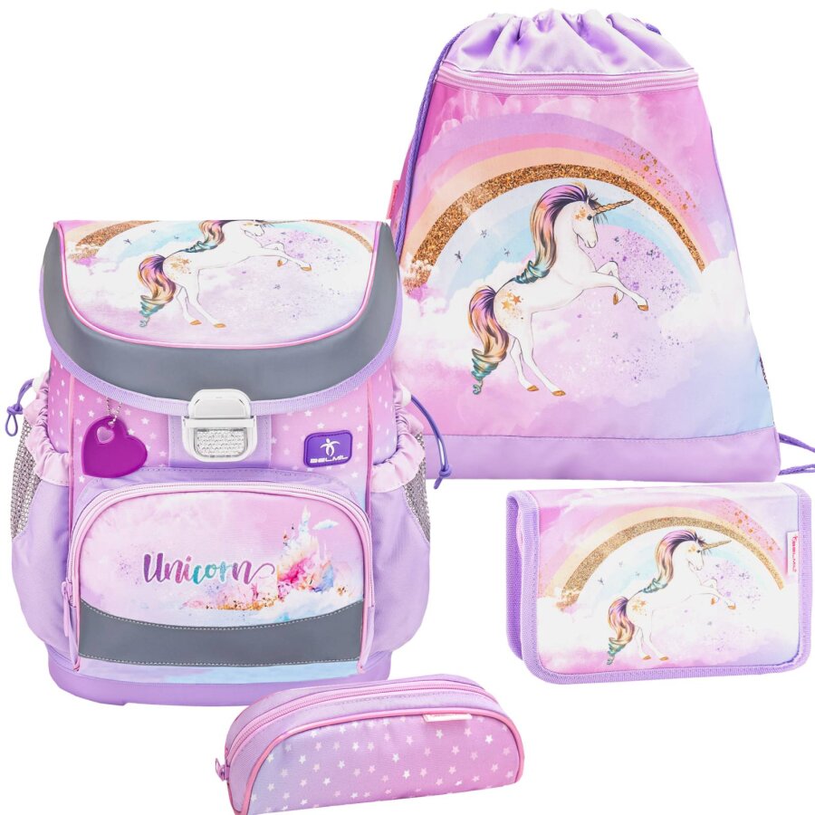 Belmil Schulranzen Set MINI FIT 4tlg. für kleinere Kinder Rainbow Unicorn (Motiv: Einhorn) von Belmil