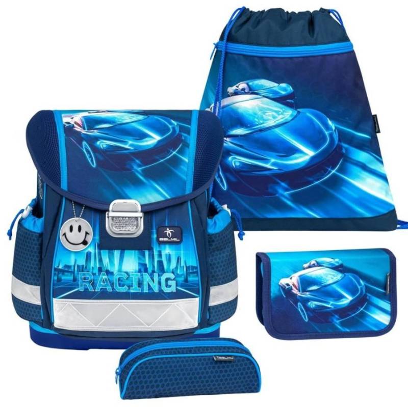 Schulranzen Set CLASSY 4tlg Rennwagen "Racing Neon Blue" für Jungen BELMIL von Belmil