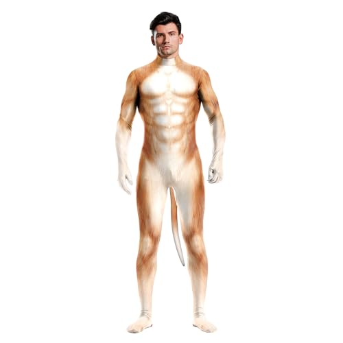 Bemeiren Halloween Cos Catsuit 3D Fuchs Kostüme Bedruckter Overall Zentai mit Schwanz Herren Body Petsuit (X-Large, 1012) von Bemeiren