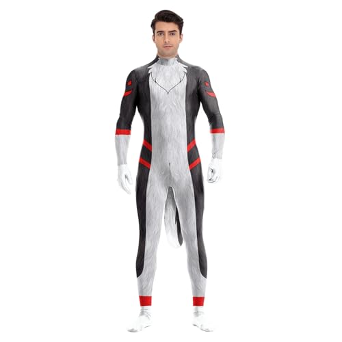 Tier-Ganzkörperanzug für Herren, Muskel-Elastan-Overall, pelziges Kostüm mit großem Schwanz, für Erwachsene, Cosplay, Halloween, Party, Grauer Wolf, Medium Tier-Ganzkörperanzug für Herren, Muskel-Elastan-Overall, pelziges Kostüm mit großem Schwanz, für Erwachsene, Cosplay, Halloween, Party, Grauer Wolf, Medium von Bemeiren