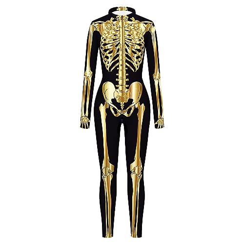 Bemeiren Halloween Metall Skelett Druck Kostüme Frauen Schädel Overall Bodysuit 3D Stretch Onesie Cosplay Catsuit Outfit von Bemeiren