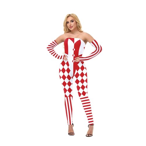 Bemeiren Halloween-Narren-Body für Damen, Clown-Outfit, 2-teilig, schulterfrei, Overall mit abnehmbaren Ärmeln, Rot-weißer Diamant, M Bemeiren Halloween-Narren-Body für Damen, Clown-Outfit, 2-teilig, schulterfrei, Overall mit abnehmbaren Ärmeln, Rot-weißer Diamant, M von Bemeiren