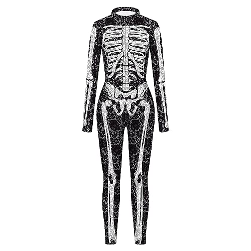 Bemeiren Halloween Schädel Kostüme Frauen Skelett Druck Overall Bodysuit 3D Stretch Onesie Cosplay Catsuit Outfit von Bemeiren